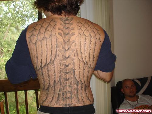 Grey Ink Wings Tattoos On Full BAck