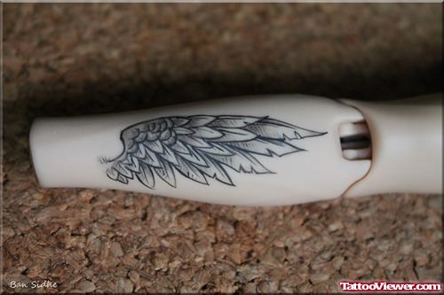 Grey Ink Wing Leg Tattoo Design