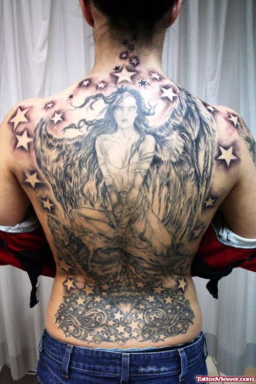 Grey Ink Stars And Angel Tattoo On Back Body