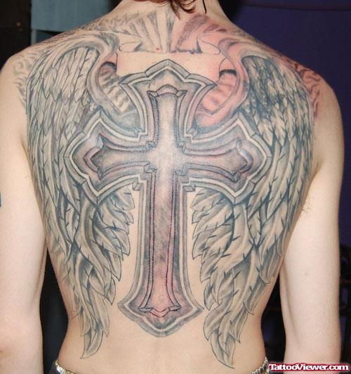 Grey ink Cross and Large Wings Tattoos on Back