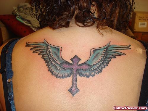 Winged Cross Tattoo On Upperback