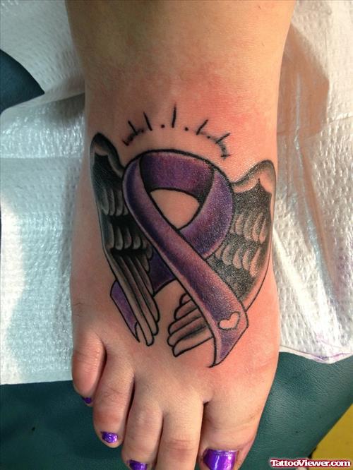 Ribbon And Wings Tattoos On Right Foot