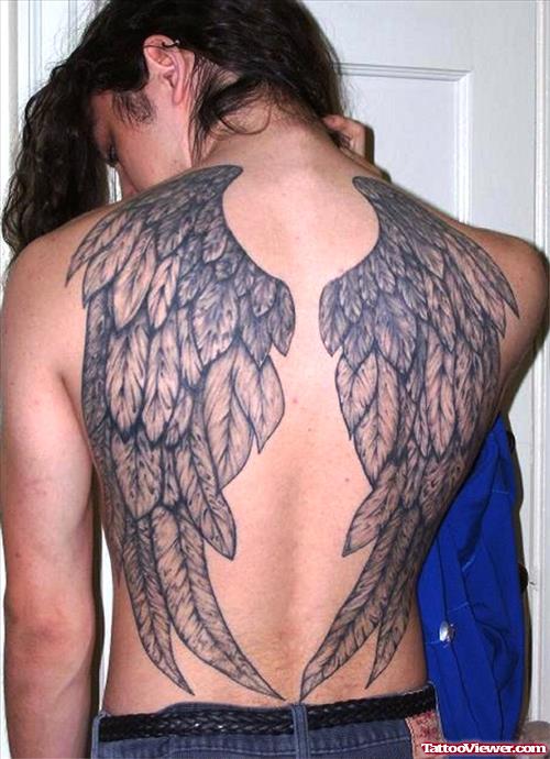 Grey Ink Angel Wings Tattoos On Girl Back