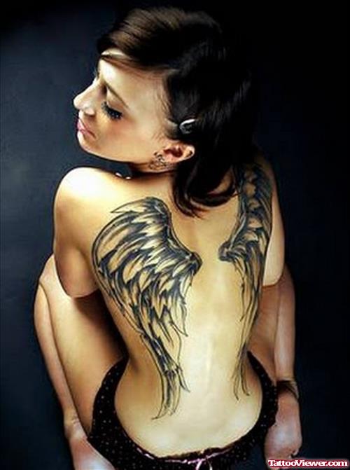 Amazing Grey Ink Wings Tattoos On Girl Back Body