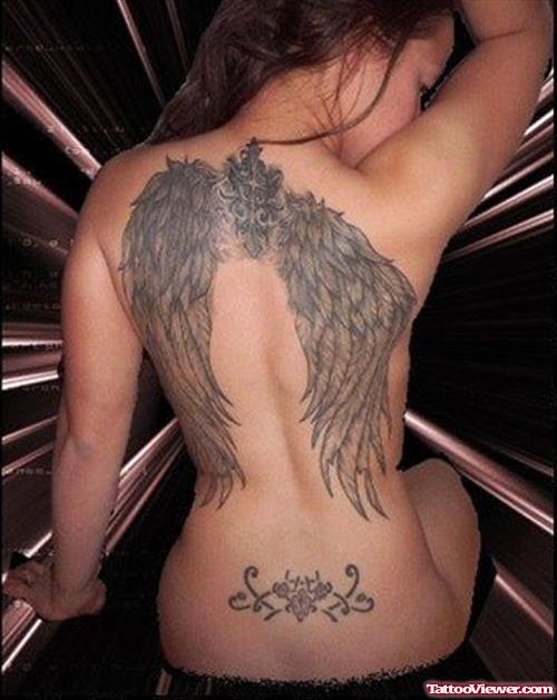 Classic Grey Ink Wings Tattoos On Back