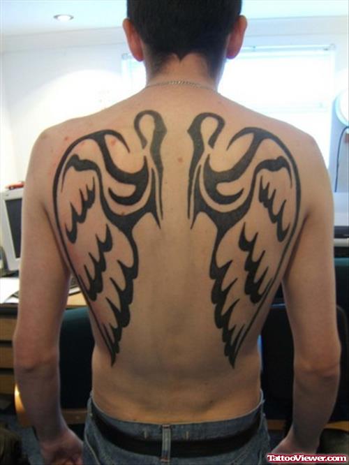 Black Tribal Angel Wings Tattoo On Back