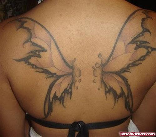 Black Ink Fairy Wings Tattoos On Back Body