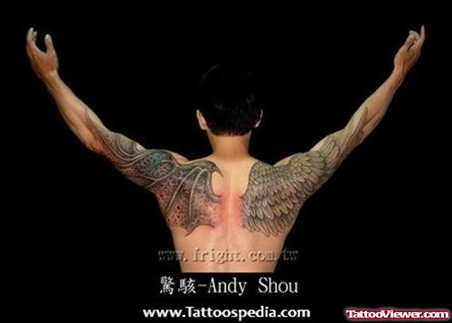 Awesome Grey Ink Wings Tattoos On Back Shoulders