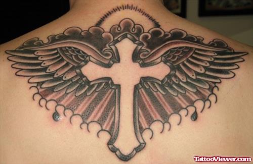 Upperback Cross With Wings Tattoo