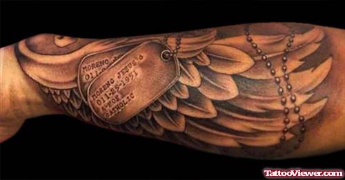 Dark Ink Angel Wing Tattoo On Sleeve