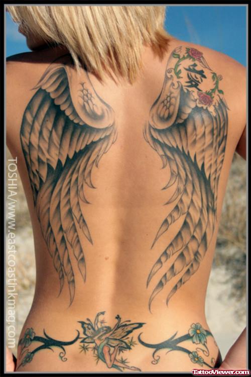 Cute Grey Ink Wings Tattoos On Back Body