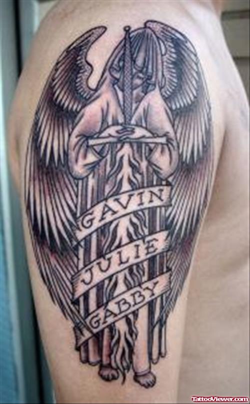 Awesome Large Wings Angel Tattoo On Right Half Sleeve