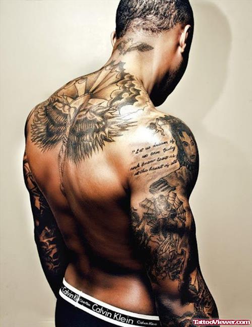 Awesome Grey Ink Wings Tattoos On Man Back Body