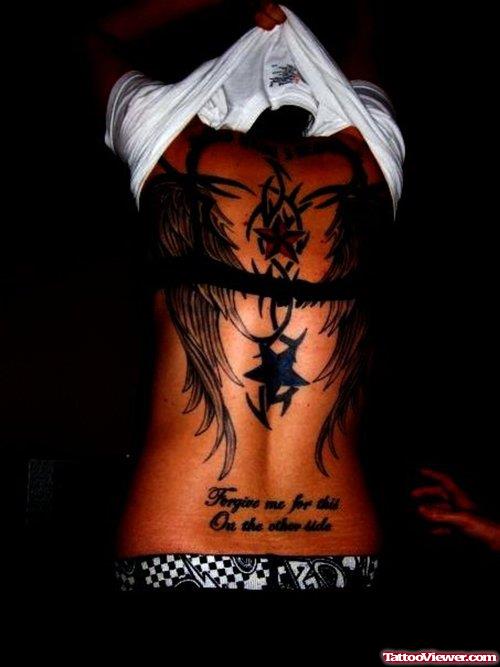 Attractive Black Ink Wings Tattoos On Back