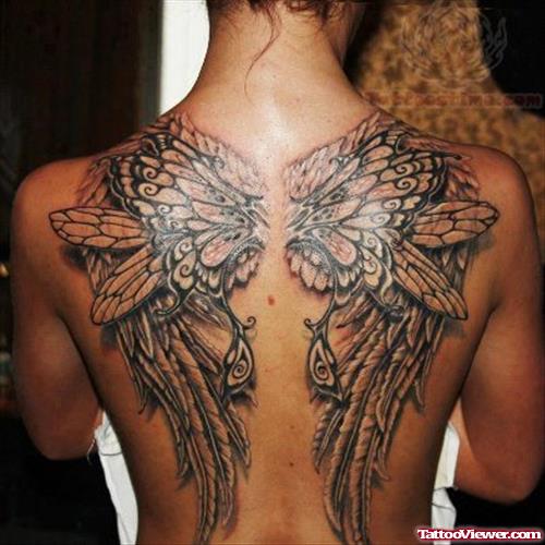 Amazing Grey Ink Butterfly And Fairy Wings Tattoos On Back