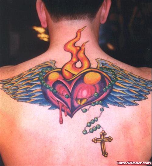 Winged Sacred Heart Tattoo On Upperback