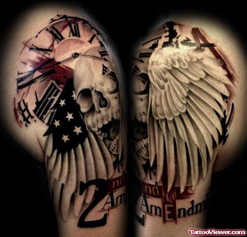 Grey Ink Skull and Angel Wings Tattoos Design