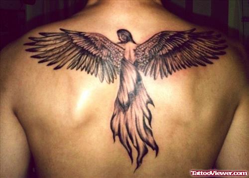 Grey Ink Angel Tattoo On Back Body