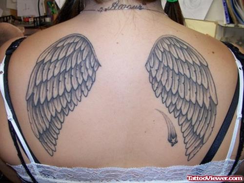 Beautiful Grey Ink Angel Wings Tattoos On Back