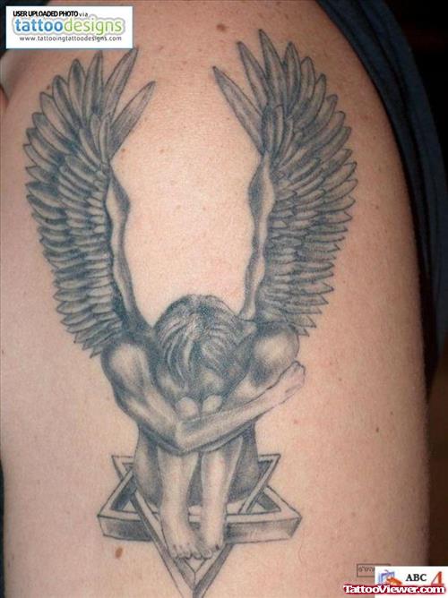 Amazing Winged Sad Angel Tattoo