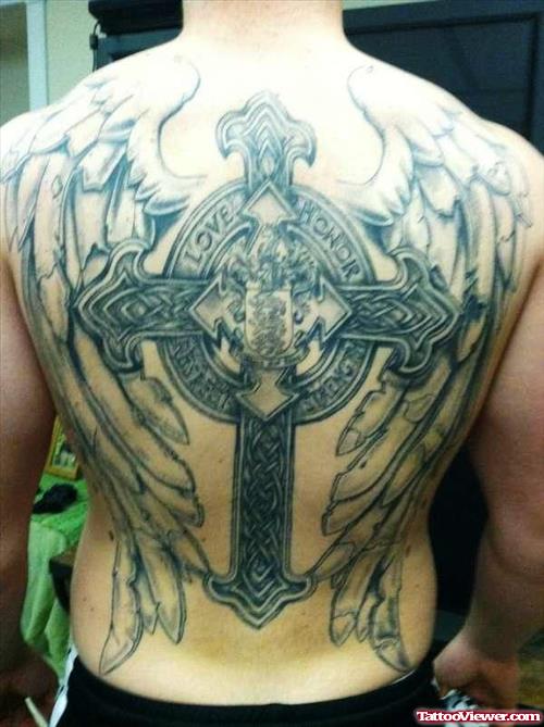 Superior Cross And Wings Tattoos On Back