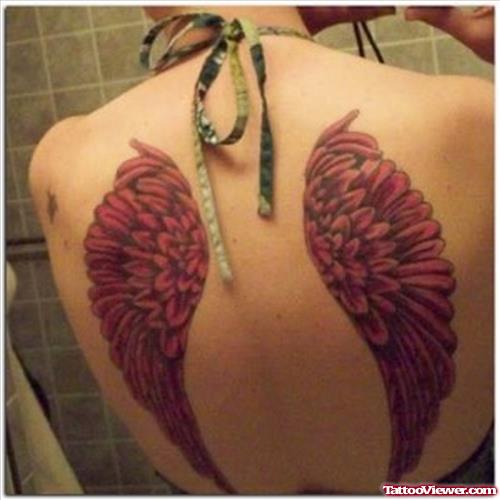 Red Angel Wings Tattoo On Back