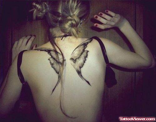 Grey Ink Butterfly Wings Tattoos On Back