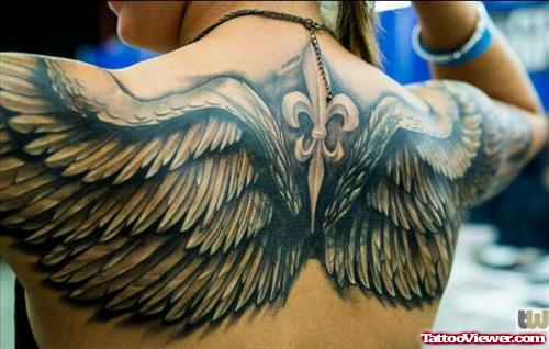 Fleur De Lis And Angel Wings Tattoos On Back