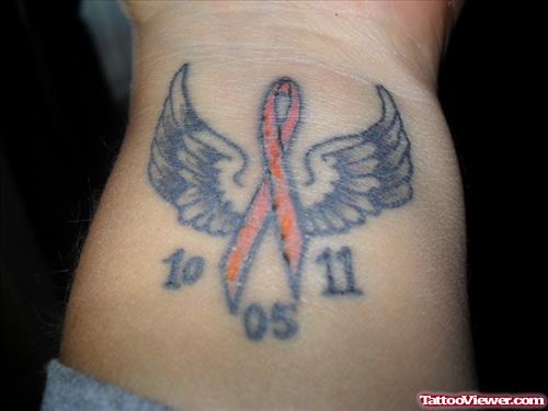Cancer Ribbon and Angel Wings Tattoos