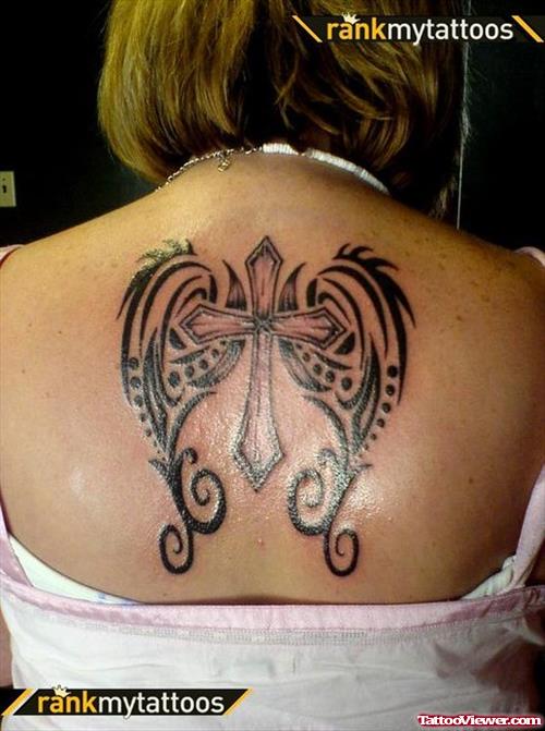 Black Ink Tribal Wings Tattoos On Upperback