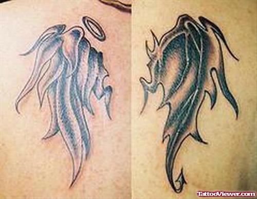 Grey Ink Angel And Devil Wings Tattoo