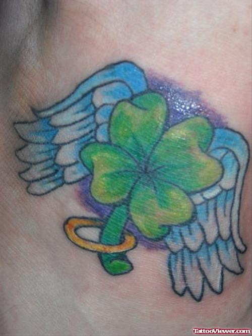 Green Clover Leaf And Wings Tattoo