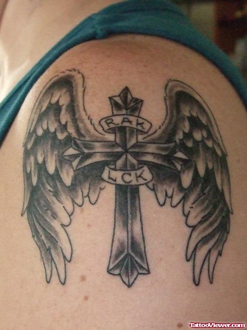 Cross And Wings Tattoo On Left Shoulder