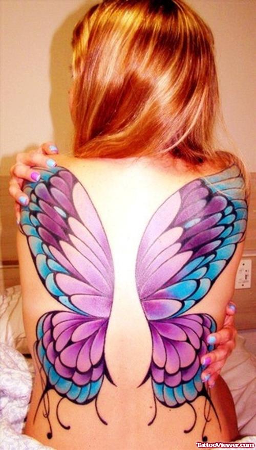 Colored Butterfly Wings Tattoos On Back Body