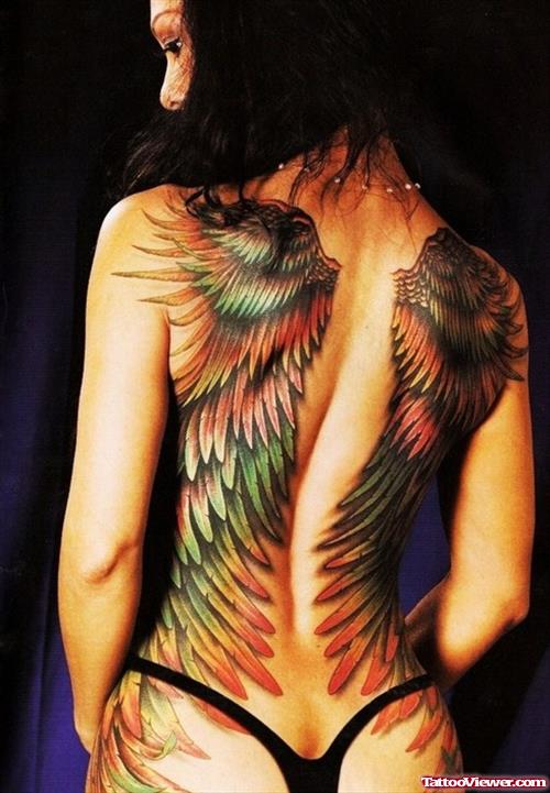 Colored Angel Wings Tattoos On Back