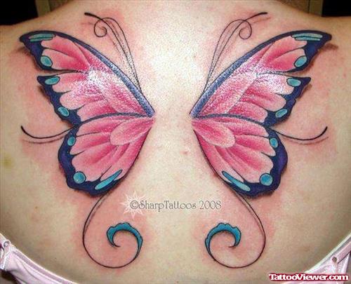Color Butterfly Wings Tattoos On Back