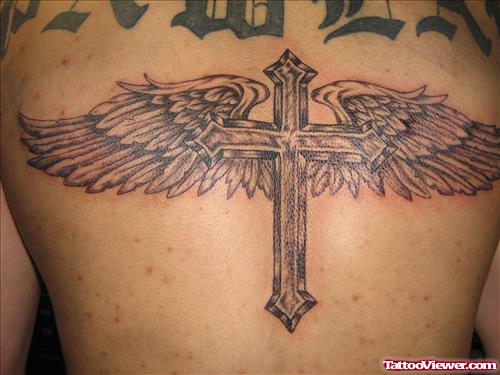 Grey Ink Cross With Wings Tattoos On Back