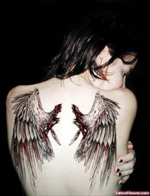 Cool Grey Ink Wings Tattoos On Girl BAck Body
