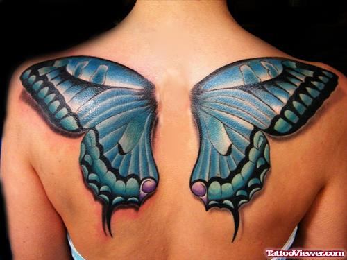 Color Ink Butterfly Wings Tattoos On Upperback