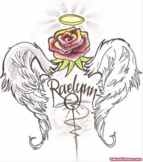 Red Rose And Angel wings Tattoo Design