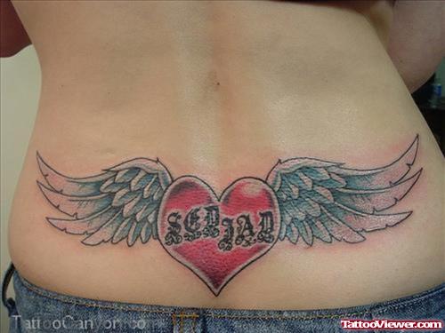 Red Heart And Angel Wings Tattoos On Lowerback