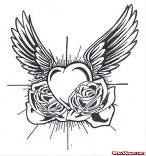 Rose Flowers and Heart Wings Tattoo Design