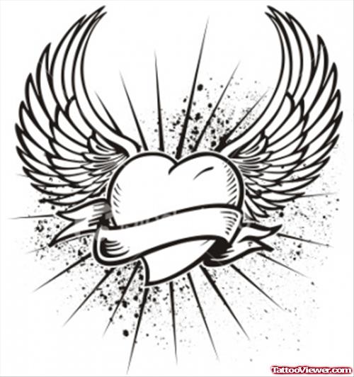 Heart With Banner And Wings Tattoo Design