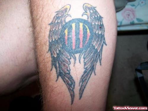 Harley Davidsin Logo With Angel Wings Tattoo On Leg