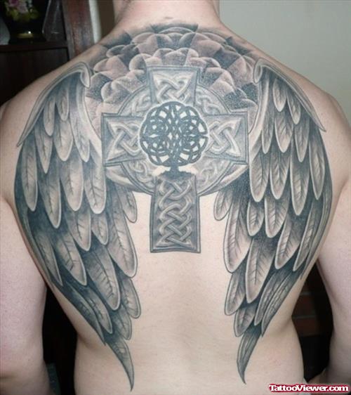 Grey Ink Full Back 3D Wings Tattoos