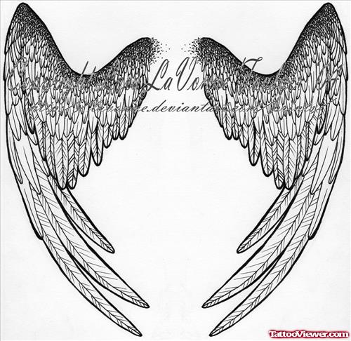 Awesome Grey Ink Angel Wings Tattoos Design