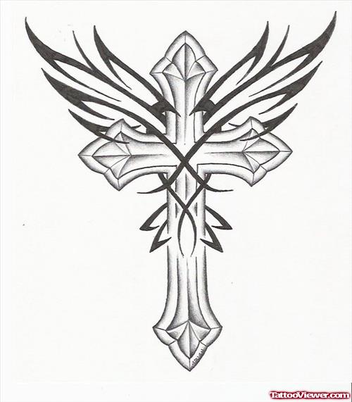 Tribal Wings And Cross Tattoo Design