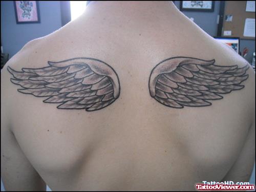 Latest Grey Ink Angel Wings Tattoos On Back Body