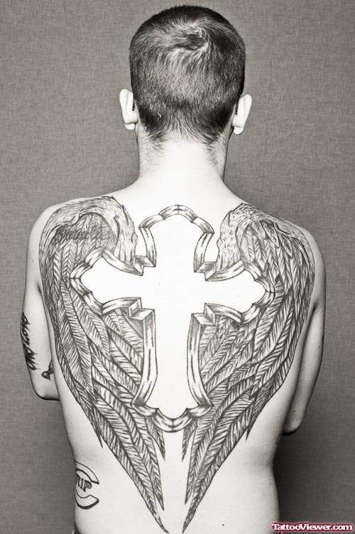 Large Cross And Wings Tattoos On Back