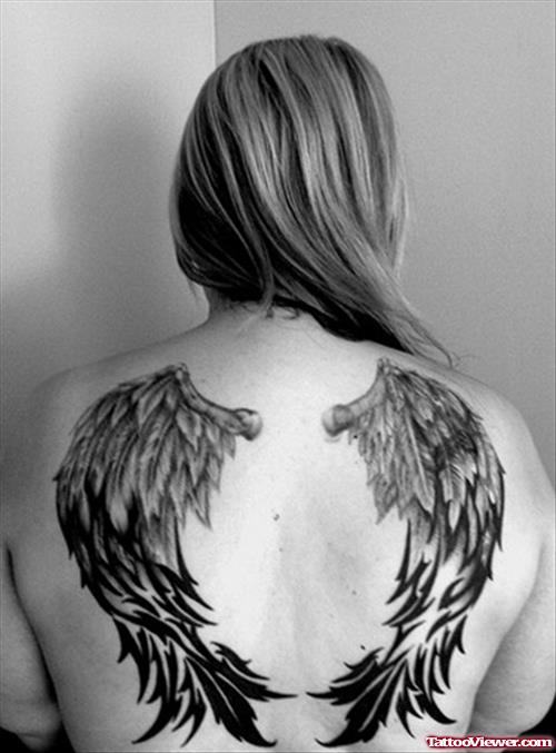 Grey Ink Wings Tattoos On Girlm Back Body